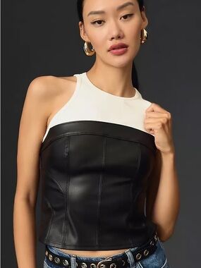 Pilcro White Ribbed Halter Tank with Black Faux-Leather Bustier